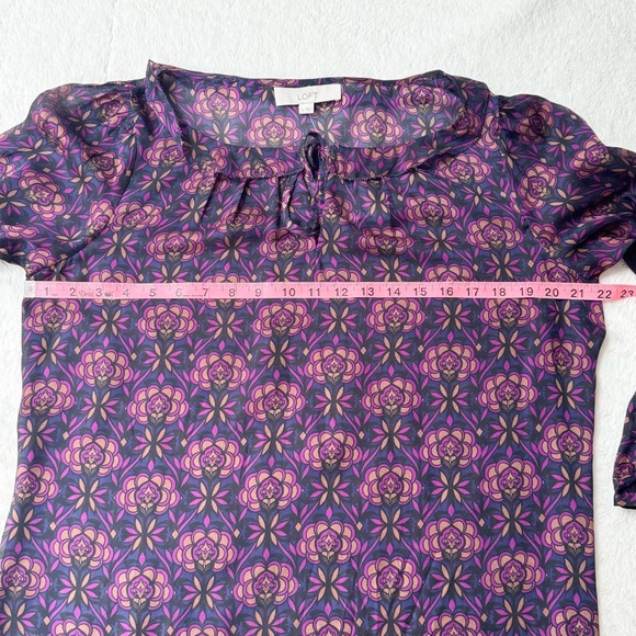 LOFT | Purple/Multicolor Floral Ruffle Collar Long Sleeve Semi-Sheer Blouse NWT - Picture 11 of 12